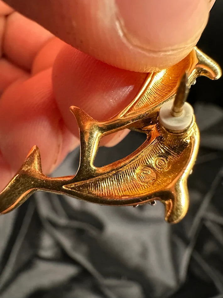 Swarovski Dolphin Brooch Double Figural Gold Tone Clear Crystal Rhinestone Pin Coastal Nautical Statement Jewelry