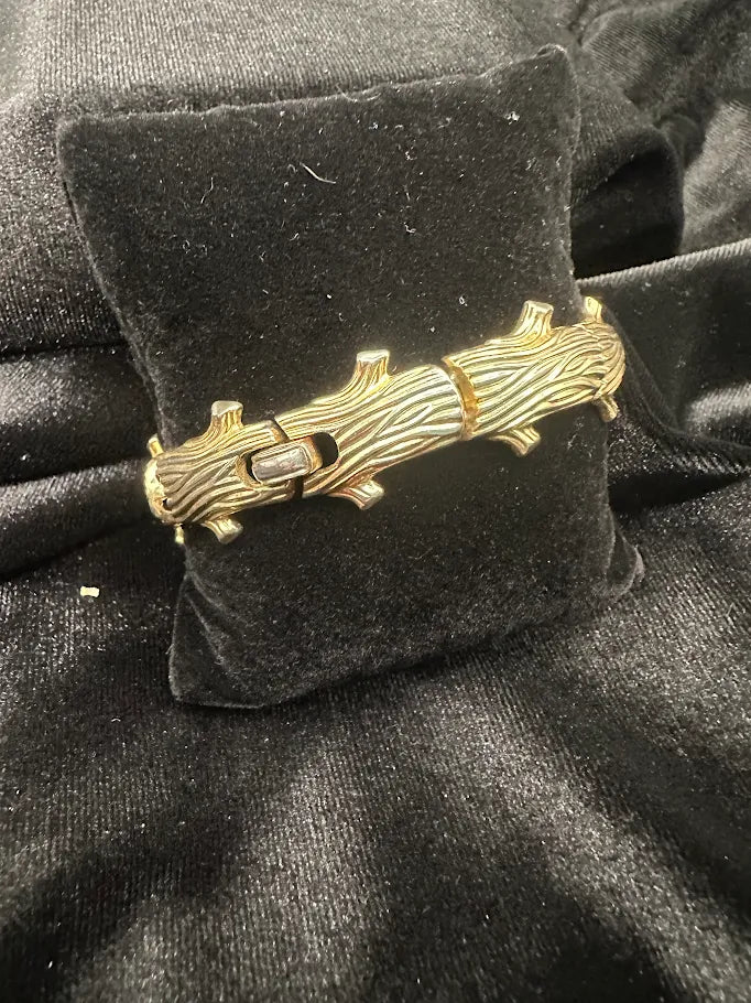 (SOLD) Trifari Gold Tone Log Link Bracelet | Vintage Textured Woodgrain Statement Bracelet