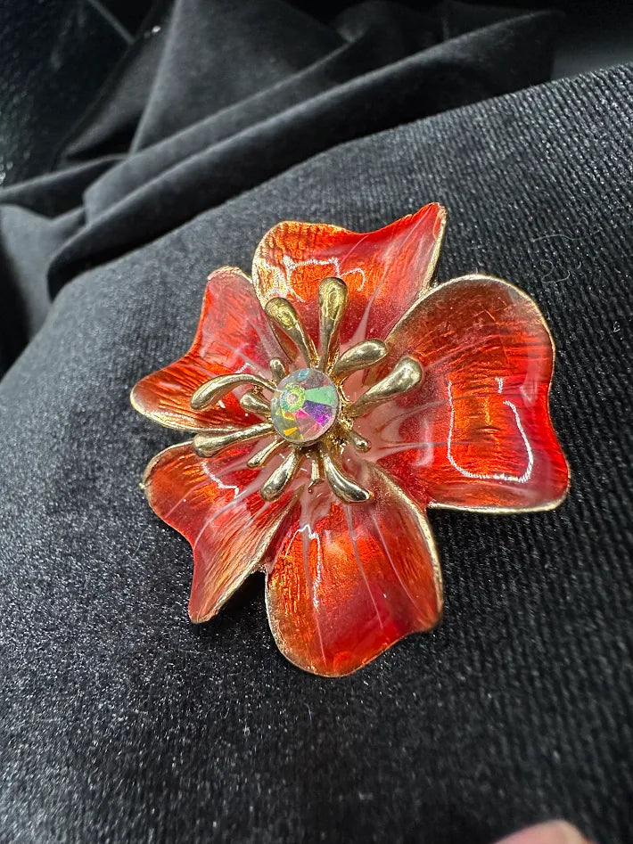 Large Red Enamel Flower Brooch Aurora Borealis Crystal Center Gold Tone Floral Pin Statement