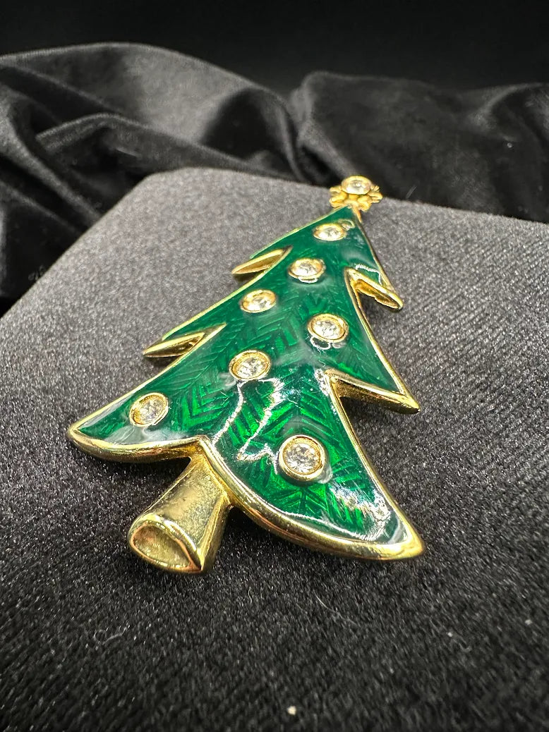 LIA Gold Tone Green Enamel Christmas Tree Brooch Crystal Holiday Vintage Festive Pin