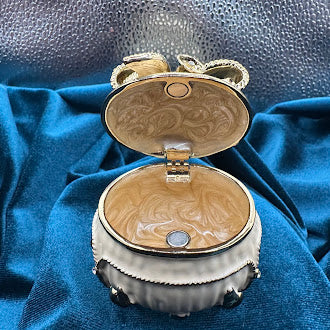 Enamel Gift Box Magnetic Trinket Box Ivory Finish Bow Lid Crystal Accent