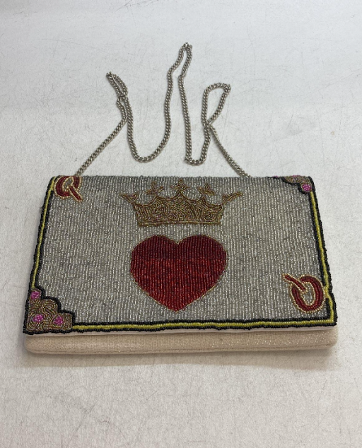 Ansleigh Beaded Queen of Hearts Clutch, Silver Crossbody Bag with Heart & Crown Motif