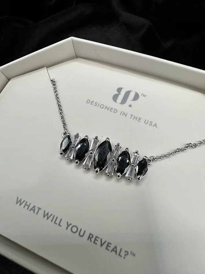 BP Black and Clear Crystal Bar Necklace Silver Tone Minimal Statement With Box