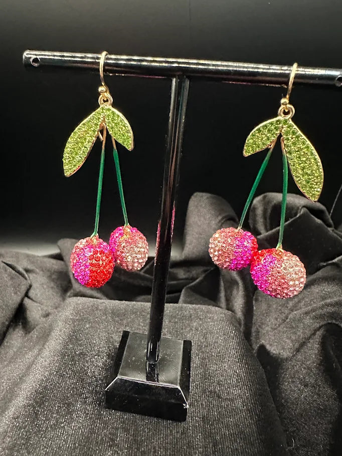 Pink Crystal Cherry Dangle Earrings with Green Leaf Accents and Gold Tone Hooks