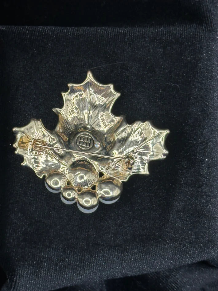 Vintage Holly Leaf Brooch by Givenchy Gold Tone Rhinestone Enamel Pearl Christmas Pin