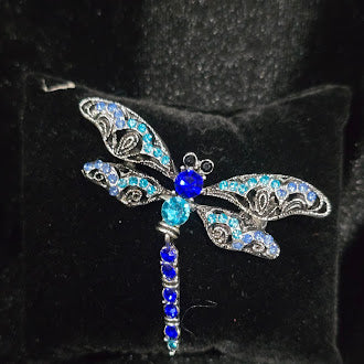 Blue Rhinestone Articulated Dragonfly Brooch Silver Tone Filigree | Crystal Insect Statement Pin