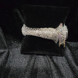 Vintage Silver Tone Rhinestone Clamper Bangle Bracelet with Double Swirl Flower Ends, Iridescent Crystal Halo, 7 Inch Estate Statement Style