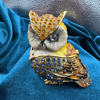Rhinestone Owl Magnetic Trinket Box | Blue Amber Crystal Enamel Finish Figurine