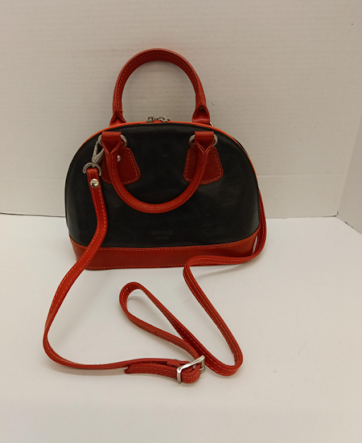 Vintage Vera Pelle Italian Leather Dome Satchel, Black & Red Two-Tone Crossbody, Made in Italy
