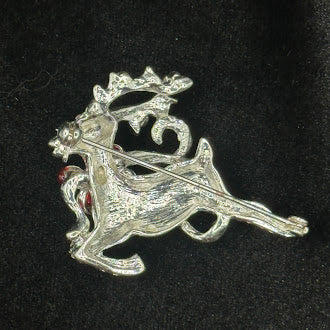 Rhinestone Reindeer Christmas Brooch with Red Enamel Ribbon