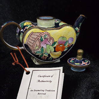 Kelvin Chen Enamel on Copper Miniature Teapot Hand Painted Fruit Basket Design Numbered 1998 with Box Certificate