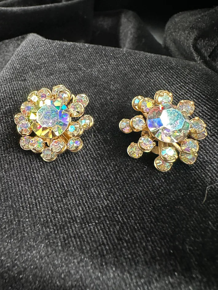 Gold Tone Aurora Borealis Crystal Cluster Screw Back Earrings Round Rhinestone Floral Vintage Jewelry