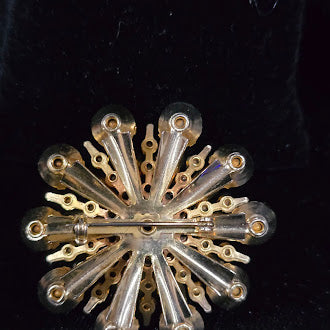 Vintage Gold Tone Yellow & Clear Rhinestone Sunburst Flower Brooch | Layered Crystal Floral Statement Pin