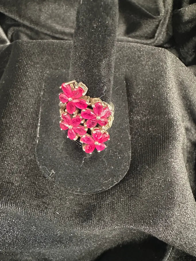Ruby Floral 925 Sterling Silver Ring | Pink Red Stone Flower Cluster Ring