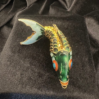 Green Enamel Cloisonne Articulated Fish Pendant Gold Tone Wirework Detail