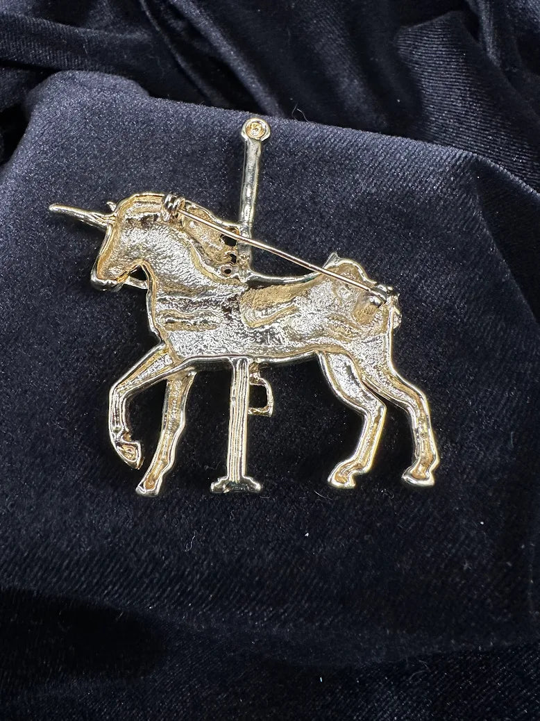 Vintage Enamel Carousel Unicorn Brooch Gray Gold Tone Rhinestone Saddle Fantasy Horse Pin