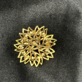Gold Tone Sunburst Flower Brooch Amber Faux Pearl Cluster Rhinestone Accents Dimensional Pin