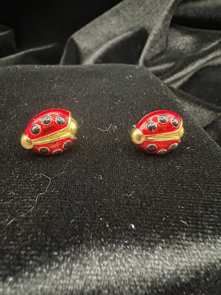Avon Gold Tone Red Enamel Ladybug Stud Earrings Rhinestone Accent Whimsical Vintage Jewelry