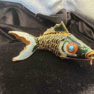 Green Enamel Cloisonne Articulated Fish Pendant Gold Tone Wirework Detail