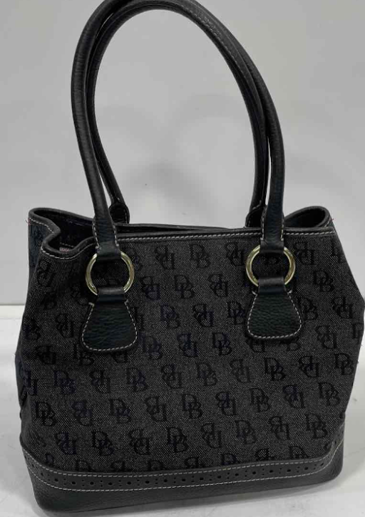 Dooney & Bourke Black Denim Logo Shoulder Bag Leather Trim DB Monogram Tote Purse