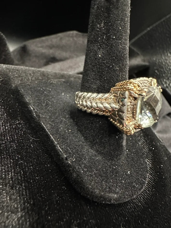 925 Sterling Silver Blue Topaz Ring Cushion Cut Statement Ring Marcasite Accent Size 7
