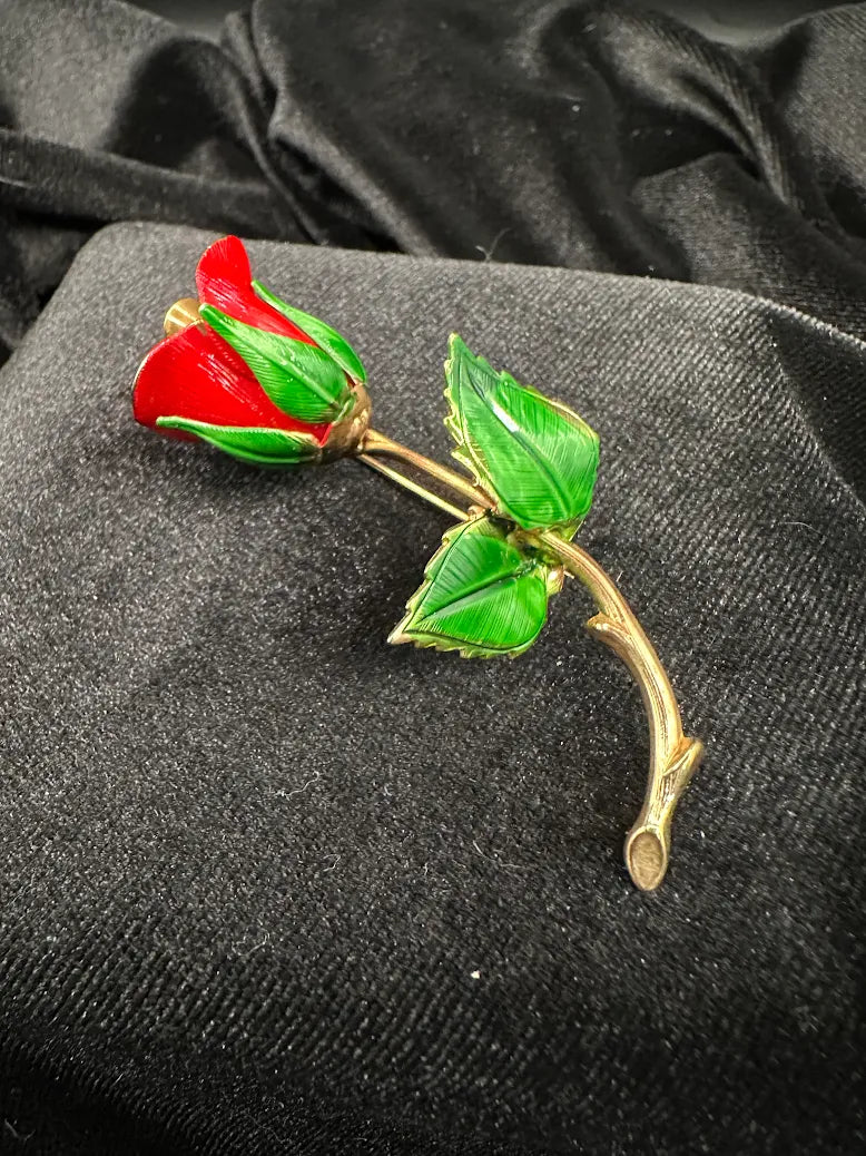 Red Enamel Rose Bud Brooch Gold Tone Stem Floral Pin