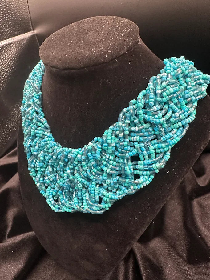 Turquoise Blue Beaded Bib Collar Necklace with Woven Design
