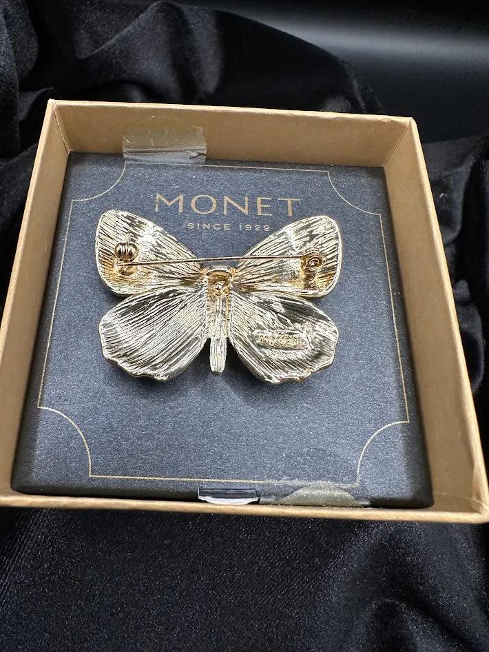 Monet Multicolor Crystal Butterfly Brooch Gold Tone Statement Pin With Original Box