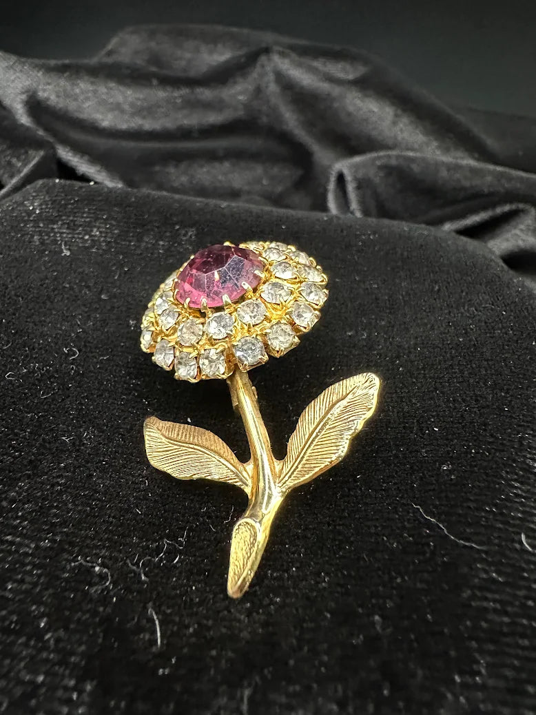 Vintage Gold Tone Pink Rhinestone Flower Brooch Floral Halo Statement Pin