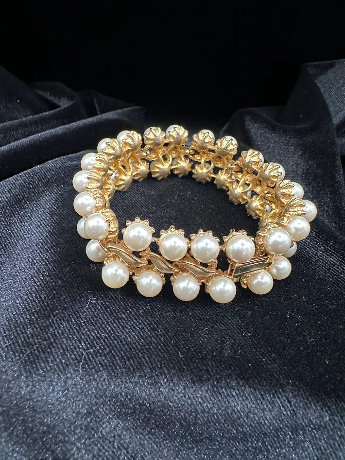 Gold Tone Faux Pearl Statement Bracelet Double Row Cluster Beaded Stretch Bracelet Vintage Style Jewelry