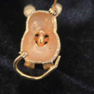 DeNicola gold tone mouse brooch eating crumb with pink eyes