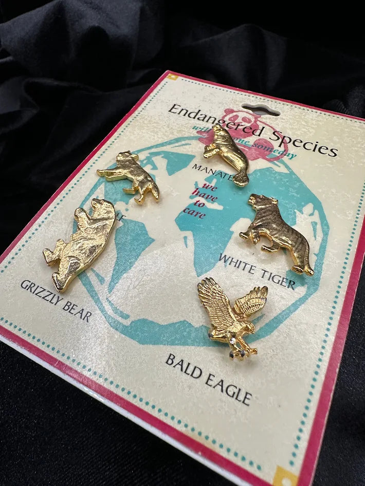 Endangered Species Animal Pin Set Gold Tone Vintage Brooch Collection On Original Card