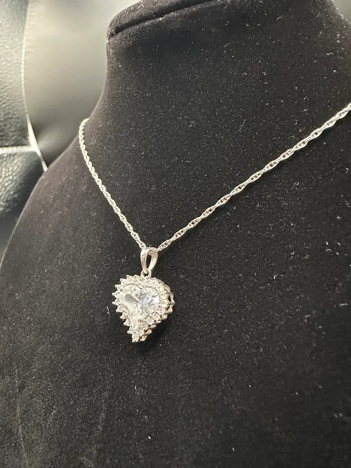 Silver Tone Crystal Heart Pendant Necklace Layered Pave Rhinestone Vintage Style Elegant