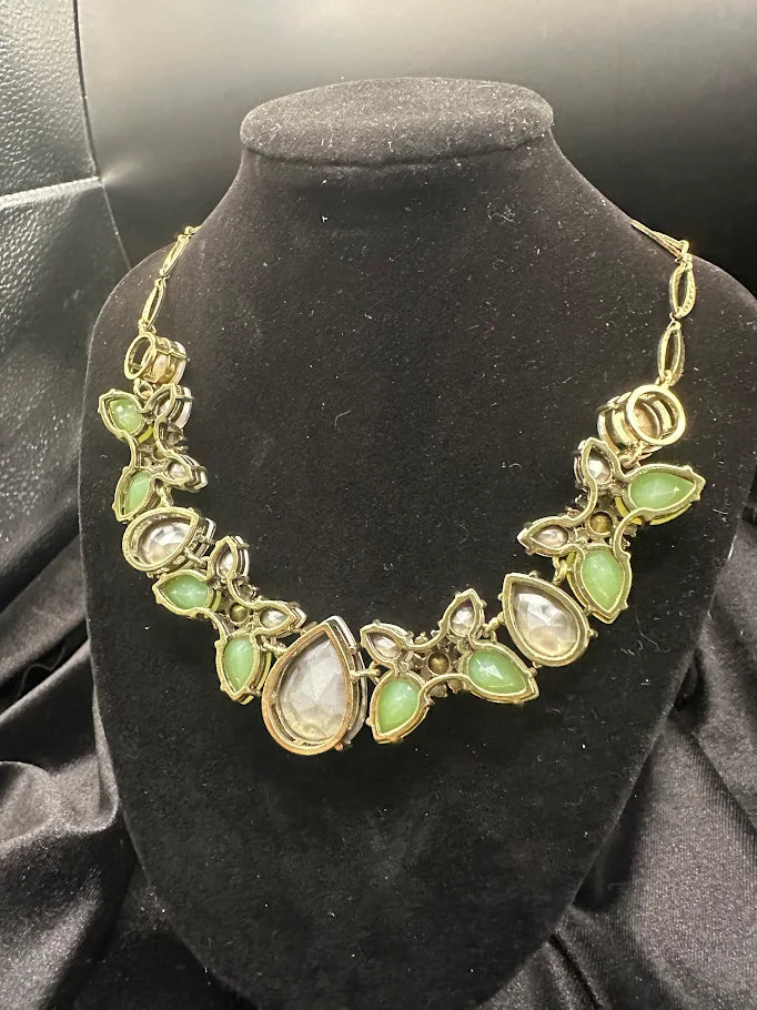 Green Rhinestone Bib Necklace Gold Tone Crystal Statement Jewelry