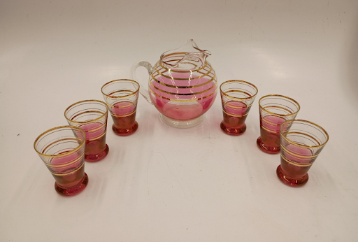 Macbeth Evans Pink Glass Pitcher Set Gold Stripe 6 Glasses Vintage Depression Era