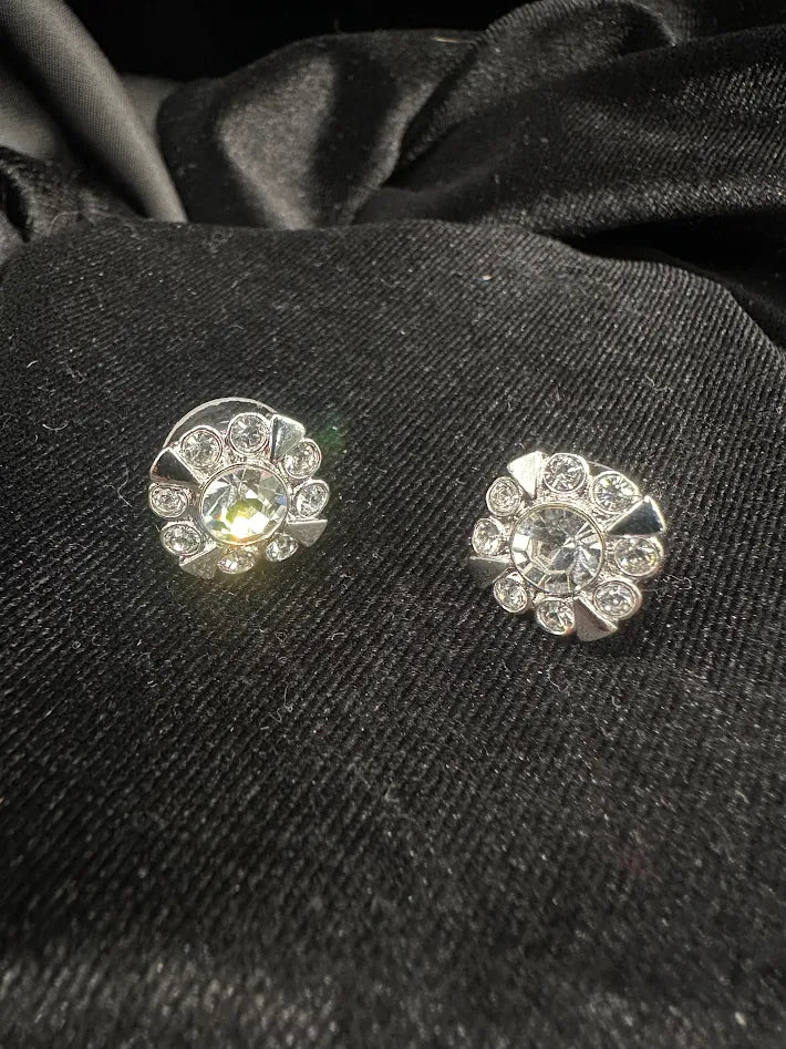 Monet Silver Tone Crystal Floral Cluster Stud Earrings Round Rhinestone Classic Vintage Style Elegant Sparkle Earrings