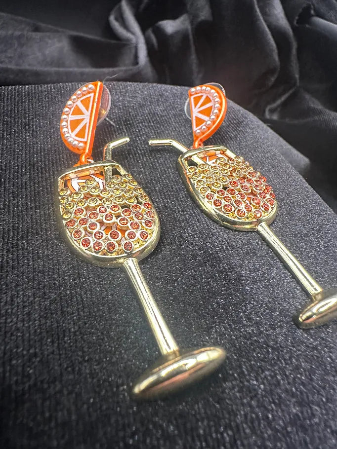 Cocktail Drop Earrings Gold Tone Orange with Crystal Detail