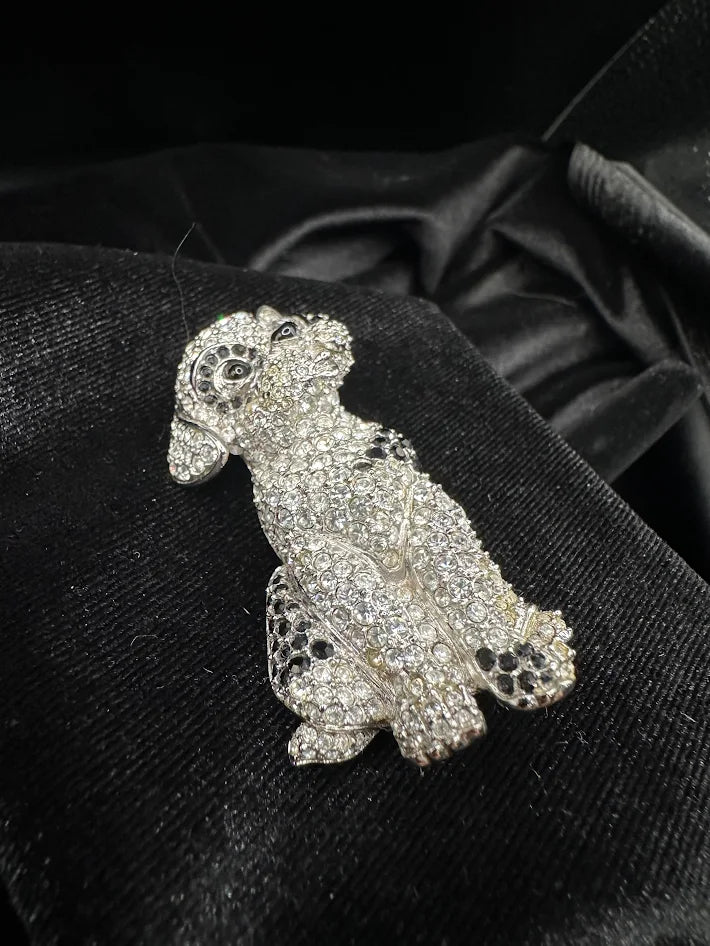 Swarovski silver tone dog brooch with clear and black crystals