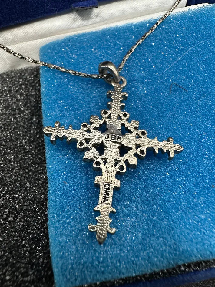JBK Red Crystal Cross Necklace Silver Tone Ornate Pendant Gothic Style With Box