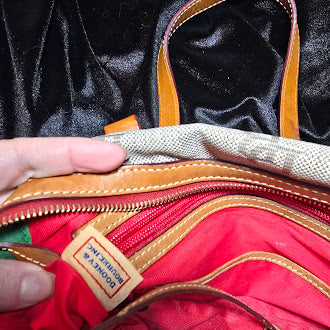 Dooney & Bourke Signature Monogram Canvas Shoulder Bag | Tan Leather Trim Designer Hobo Purse