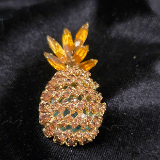 Signed Alice Caviness Gold Tone Pineapple Brooch with Topaz Rhinestone Leaves, Vintage Designer Statement Fruit Pin