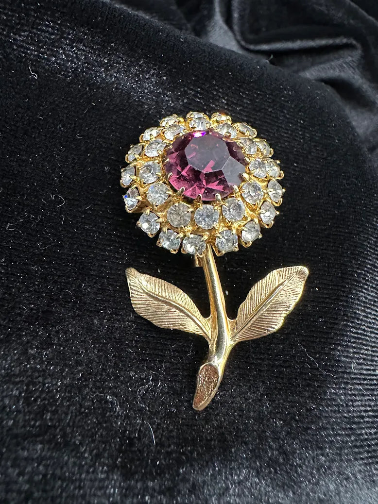Vintage Gold Tone Pink Rhinestone Flower Brooch Floral Halo Statement Pin