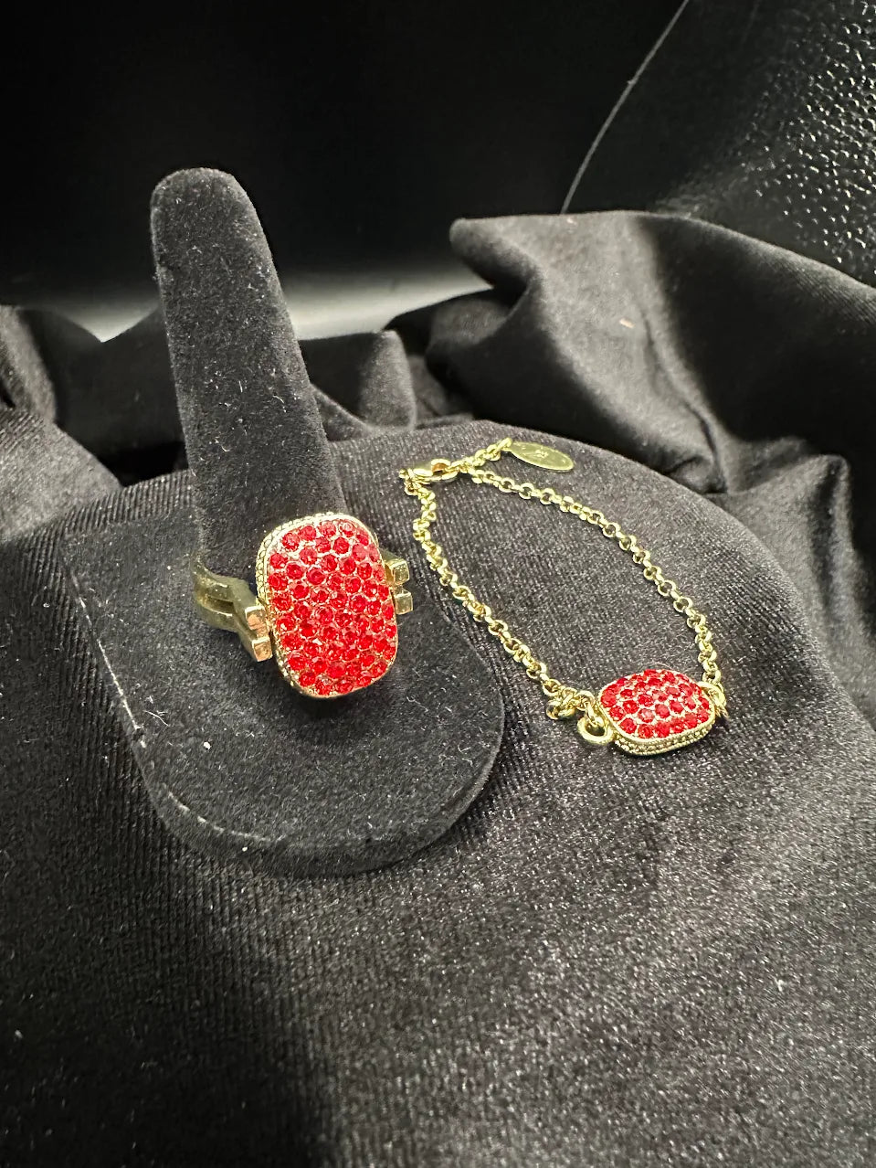 Heidi Daus Reversible Crystal Ring & Bracelet Set Red Pink Pave Statement Designer Jewelry