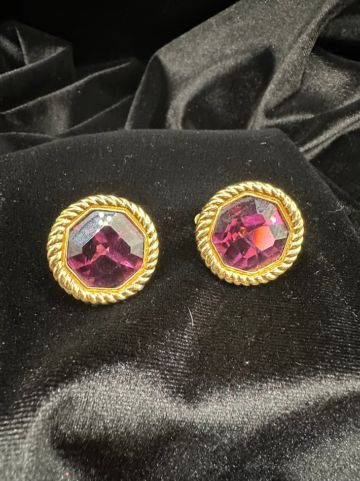 Swarovski Gold Tone Magenta Crystal Button Earrings Faceted Round Rhinestone Designer Vintage Jewelry
