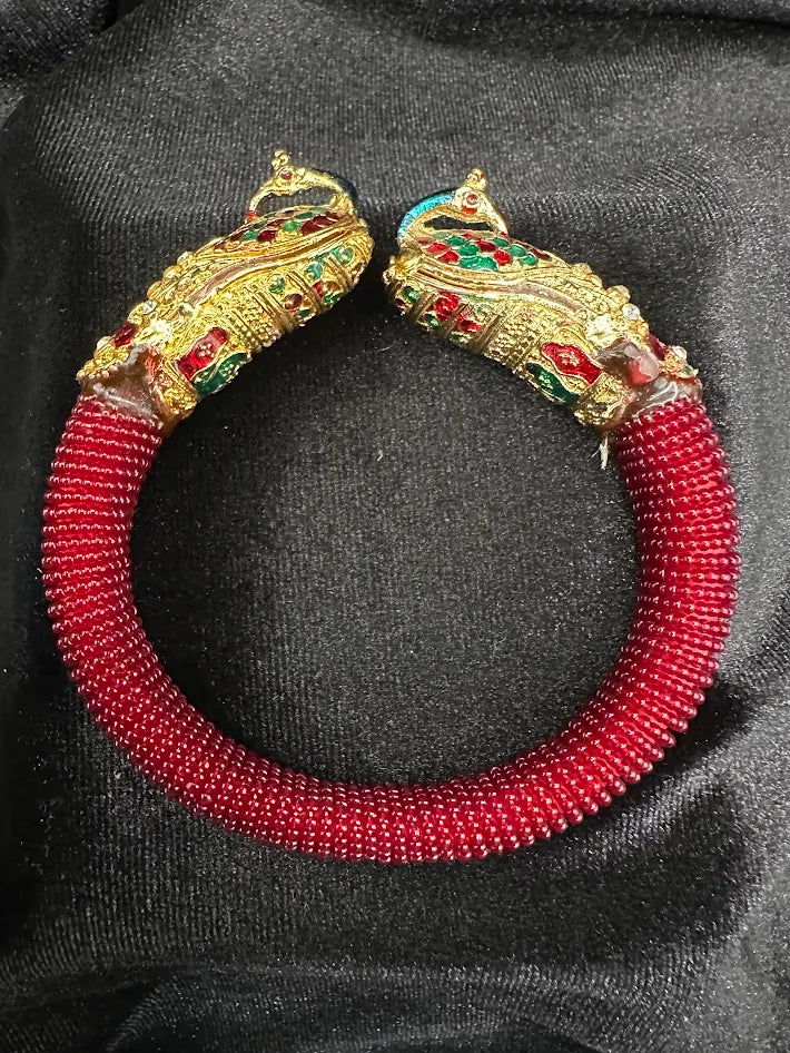 Peacock Statement Bracelet Red Beaded Cuff Gold Tone Double Head Crystal Bracelet