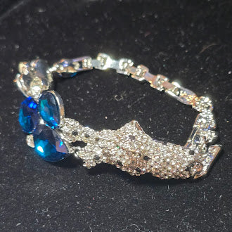 Silver Tone Panther Bracelet with Blue Crystal Stones Big Cat Statement Rhinestone Jewelry Vintage Style