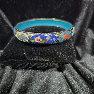 Vintage Cloisonne Enamel Bangle Bracelet Set of 2 in Blue and Black with Floral Motif, Glossy Finish, Curated Estate Stack Style