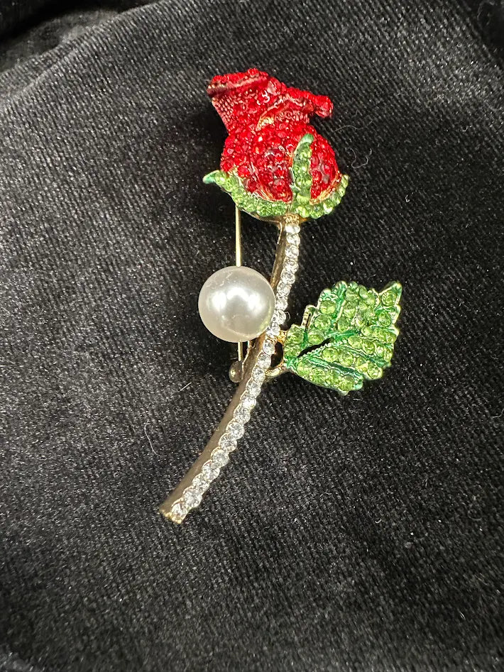 Red Rose Brooch Rhinestone Crystal Flower Pin Faux Pearl Stem Green Leaf Statement