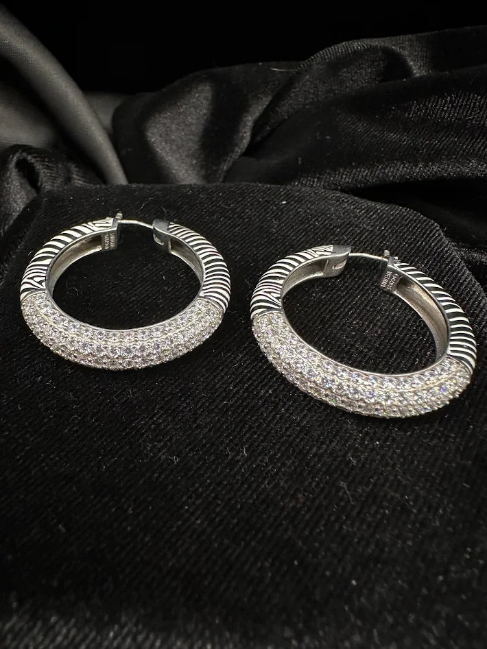 925 Sterling Silver Moissanite Pave Hoop Earrings Zebra Pattern Large Statement Hoops 1.5in 18.2g