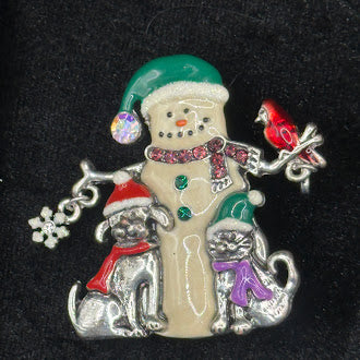 Vintage Kenneth Cole Snowman Cat and Dog Brooch Enamel Rhinestone Christmas Pin